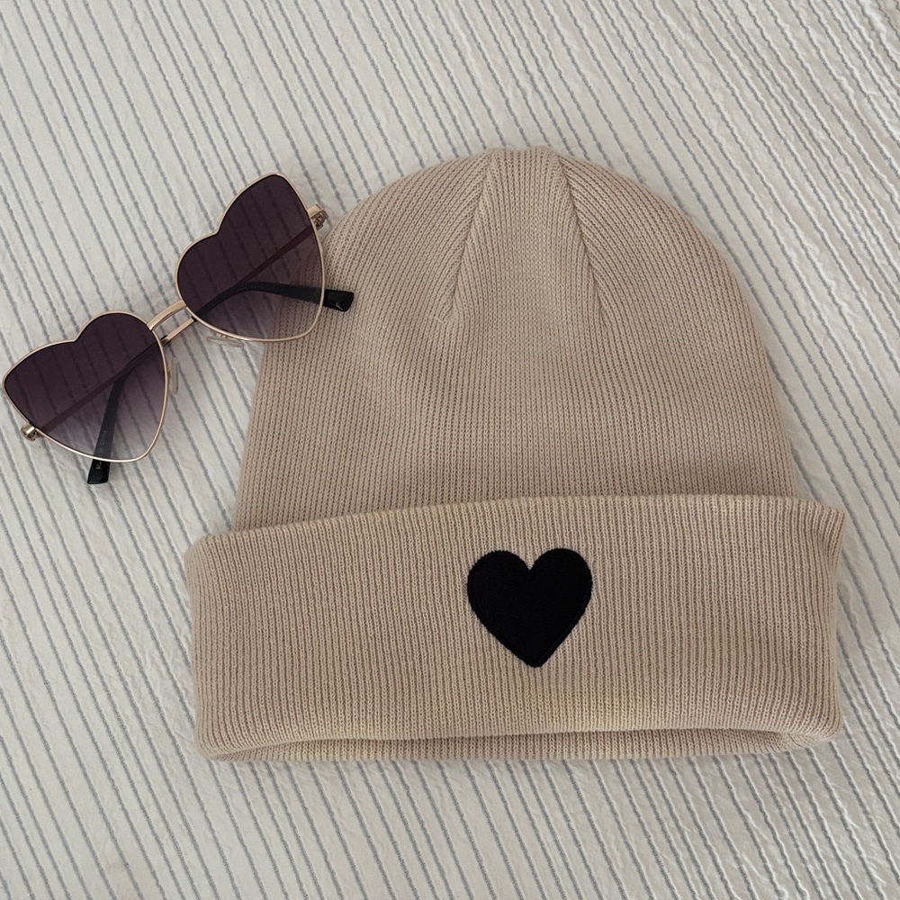 Beige Beanie with Black Heart